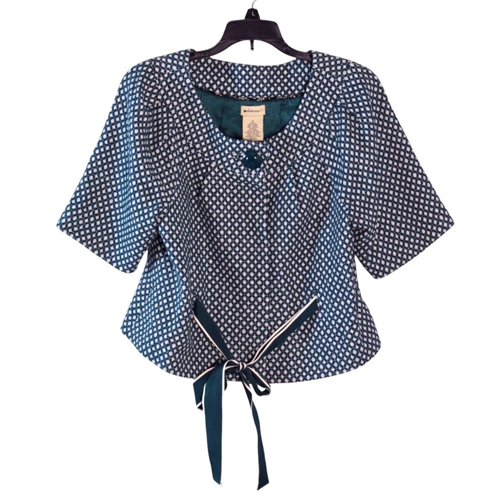 Anthropologie Elevenses Women's Spring Wool Jacket Sz 6 Teal Tweed Tie‎ Front